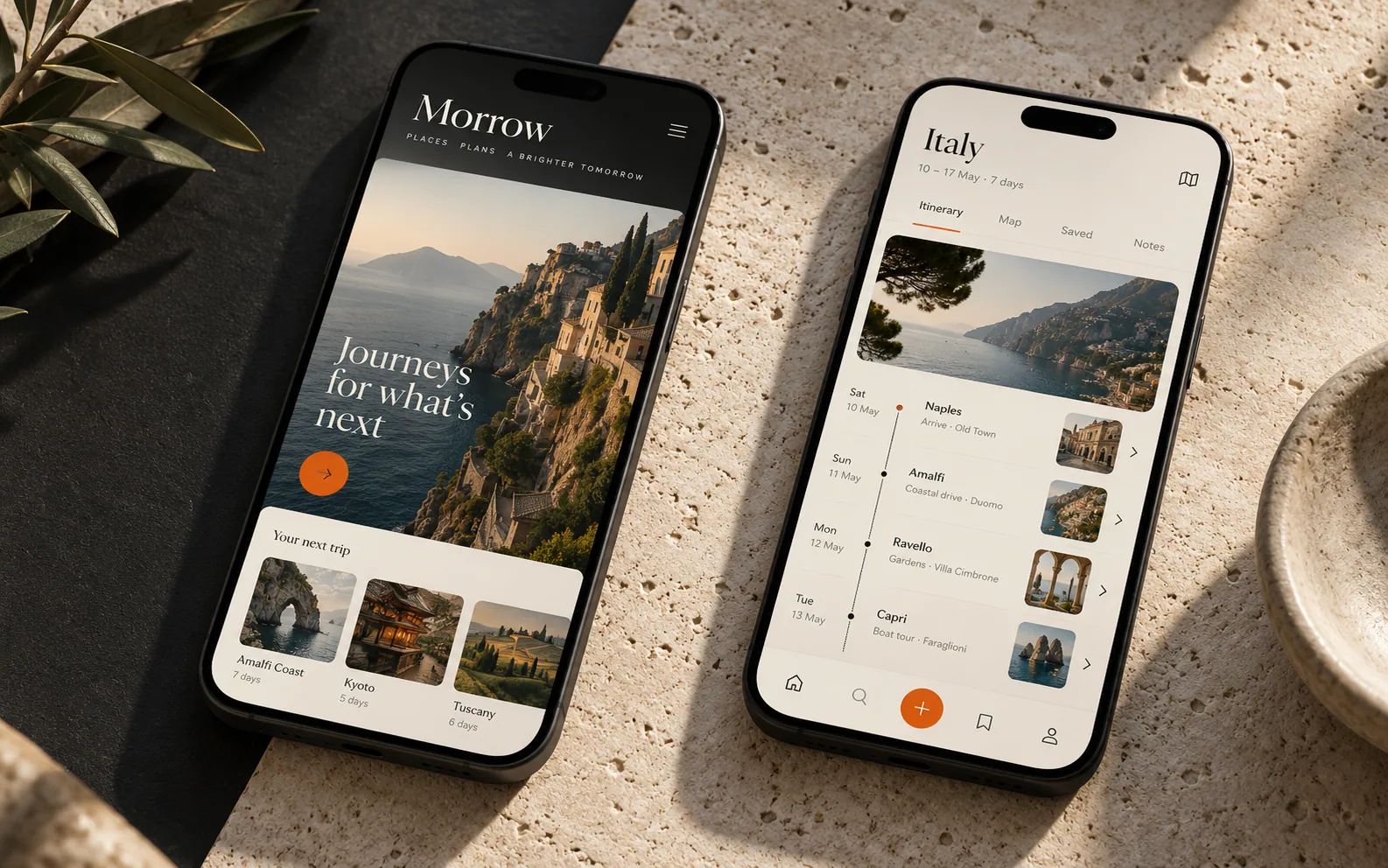 结合编辑式旅行摄影与行程卡片的 Morrow 应用界面